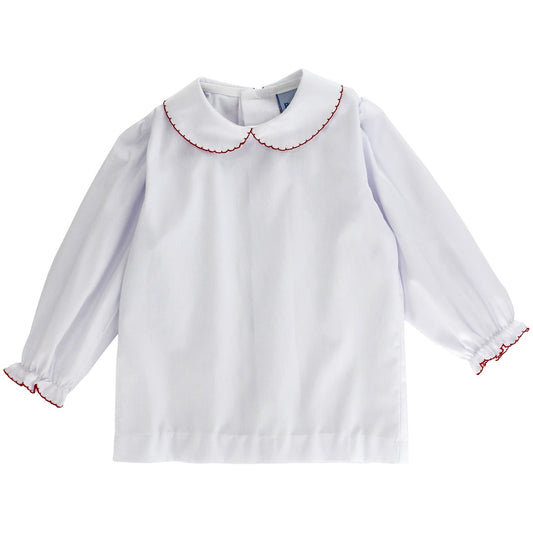 White Girls L/S Piped Shirt -Red Trim