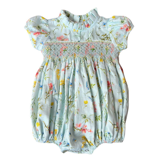 Floral Embroidered Smocked Bubble with Ruffle Collar