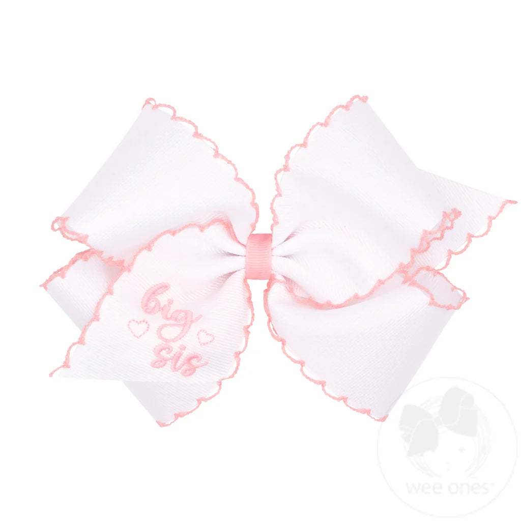 Grosgrain Bow with Light Pink Moonstitch Edge and "BIG SIS" Embroidery
