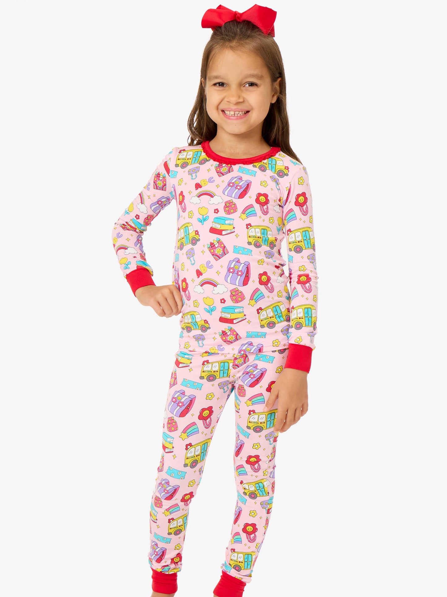 SoftSnooze™ Girls Bamboo Viscose Classroom Cutie Ruffle Long Sleeve Pajama Set