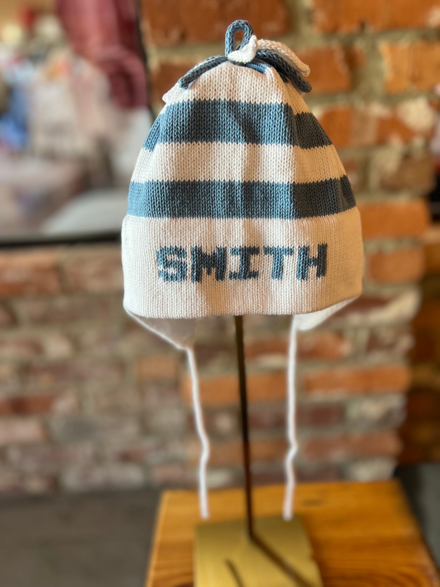 Stripe Earflap Hat- Denim/White