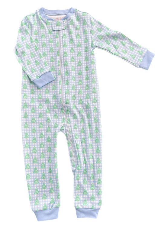 *PRE-ORDER* One Piece Zip Up Jammies - Blue Gingham Christmas Tree