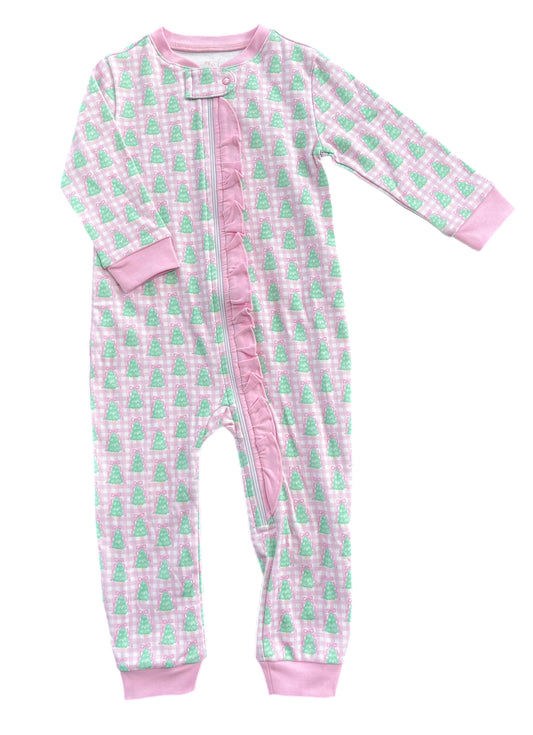 *PRE-ORDER* One Piece Zip Up Jammies - Pink Gingham Christmas Tree
