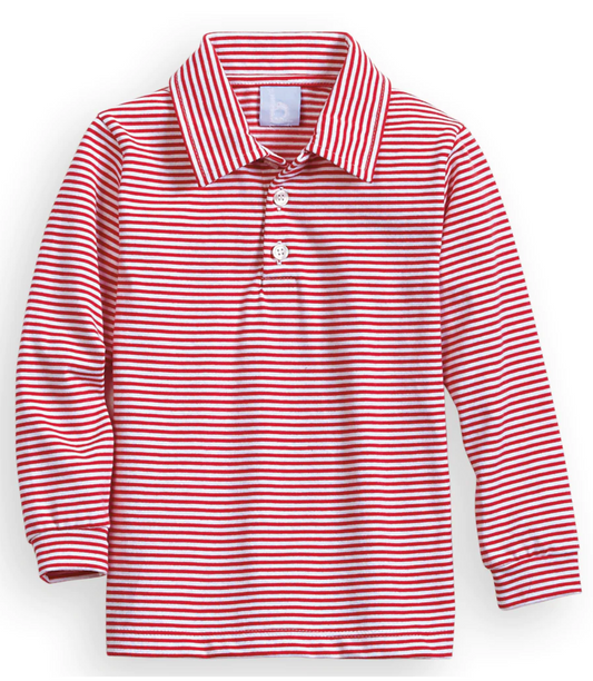 Long Sleeve Striped Polo Tee- Red/White Stripe