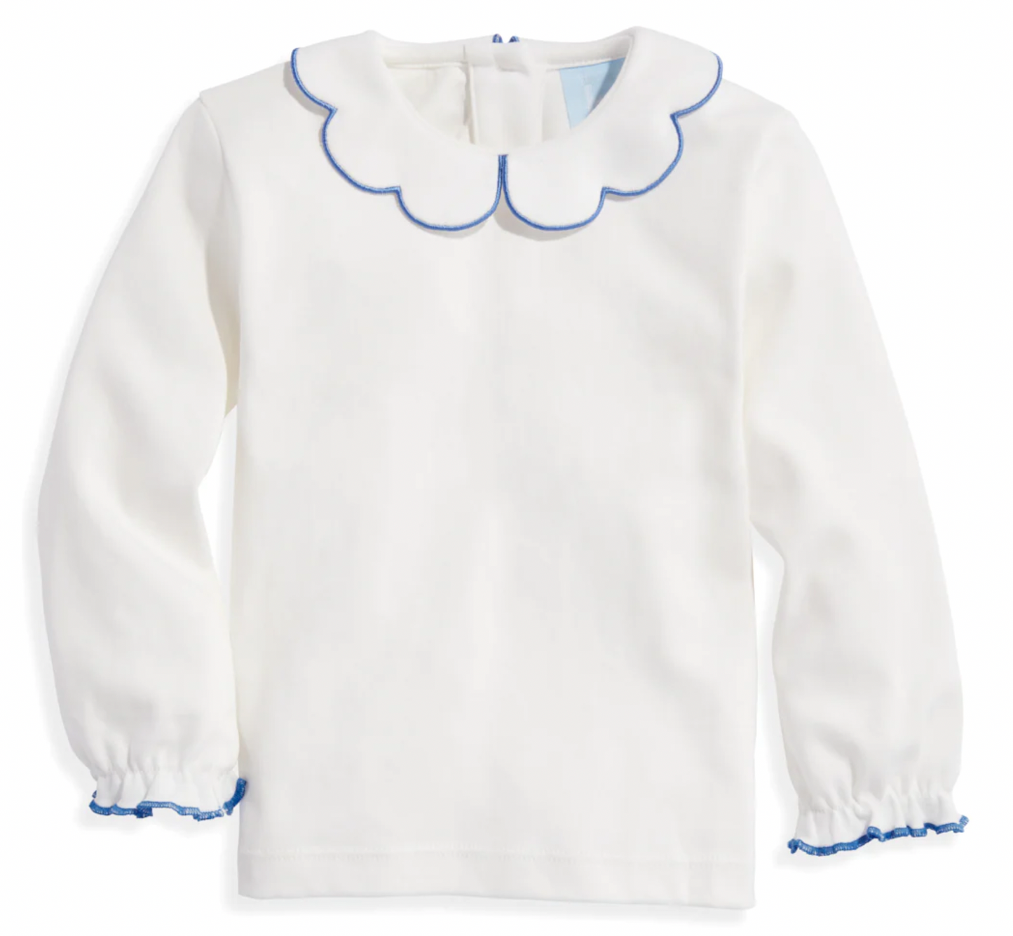 Long Sleeve Pima Scallop Collar Tee- Ivory w/ Sapphire