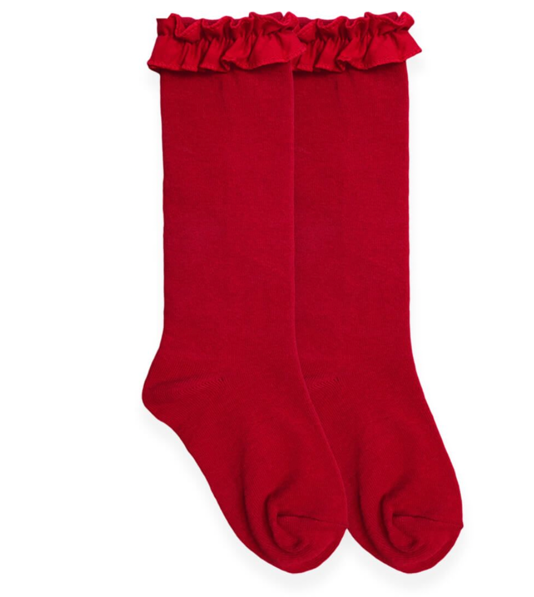 Ruffle Knee High Socks - Red