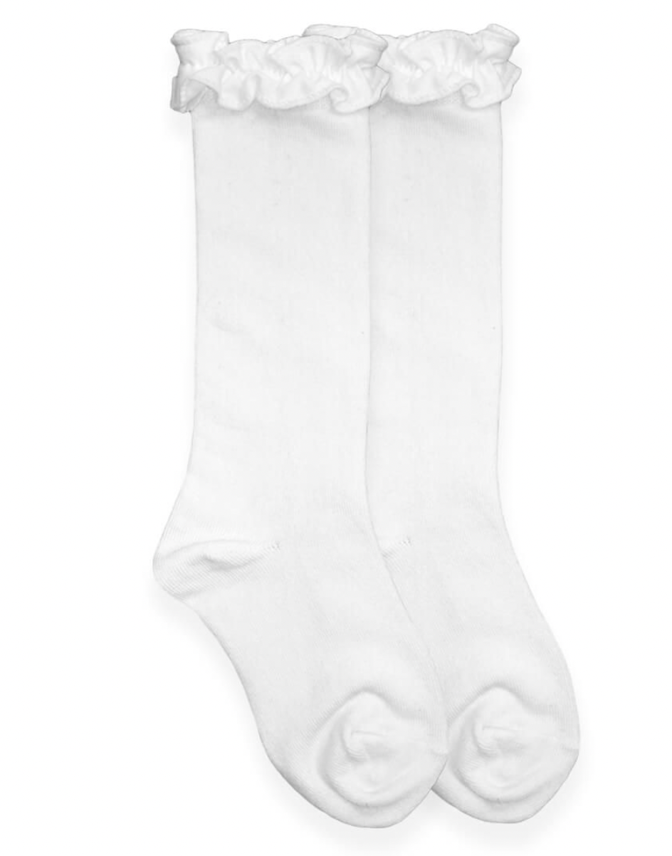 Ruffle Knee High Socks - White