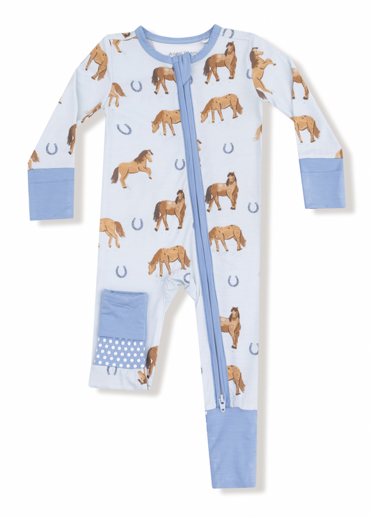 Horses - Blue - 2 Way Zipper Romper