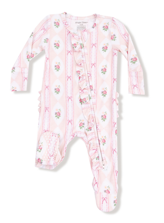 Pink Floral - 2 Way Ruffle Zipper Footie