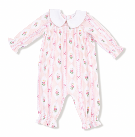 Floral - Smocked LS Romper W/ Peter Pan Collar