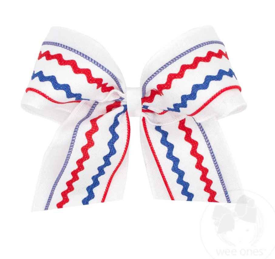 Red Linen Ric-Rac with White Linen Underlay Cheer Bow