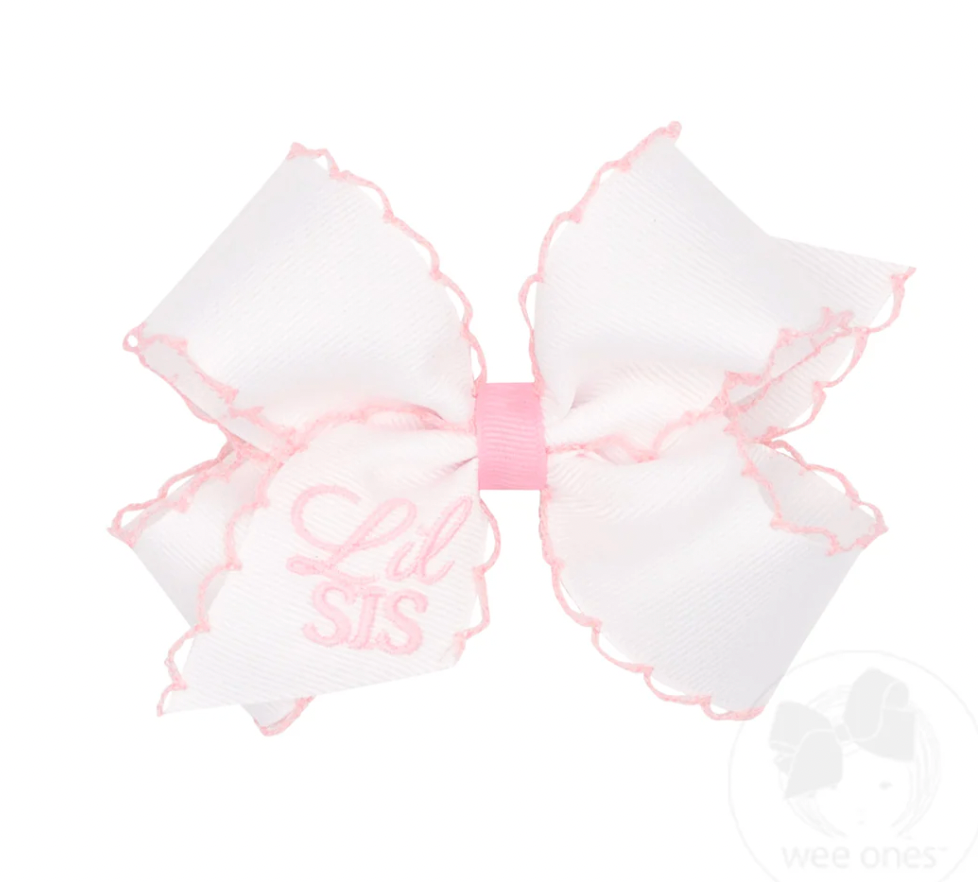 Grosgrain Bow with Light Pink Moonstitch Edge and "LIL SIS" Embroidery