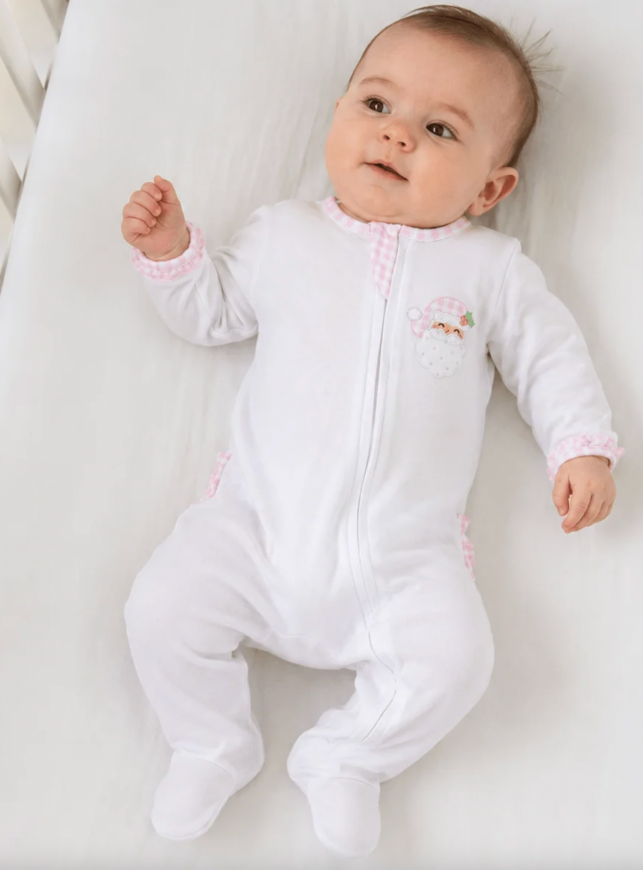 Sweet St. Nick Applique Ruffle Zip Footie- Pink