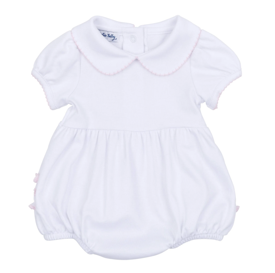 Essentials Solid Collared Ruffle Bubble- White w/ Pink Trim