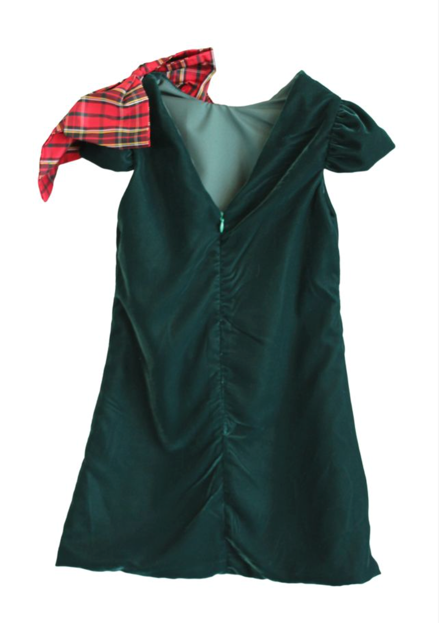 Green Velvet Dress w/ Holiday Plaid Bow