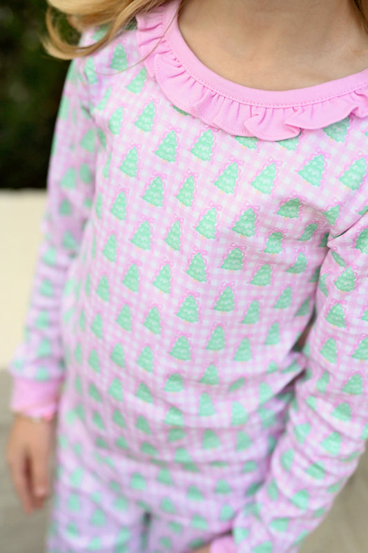 *PRE-ORDER* Two Piece Jammies - Pink Gingham Christmas Tree
