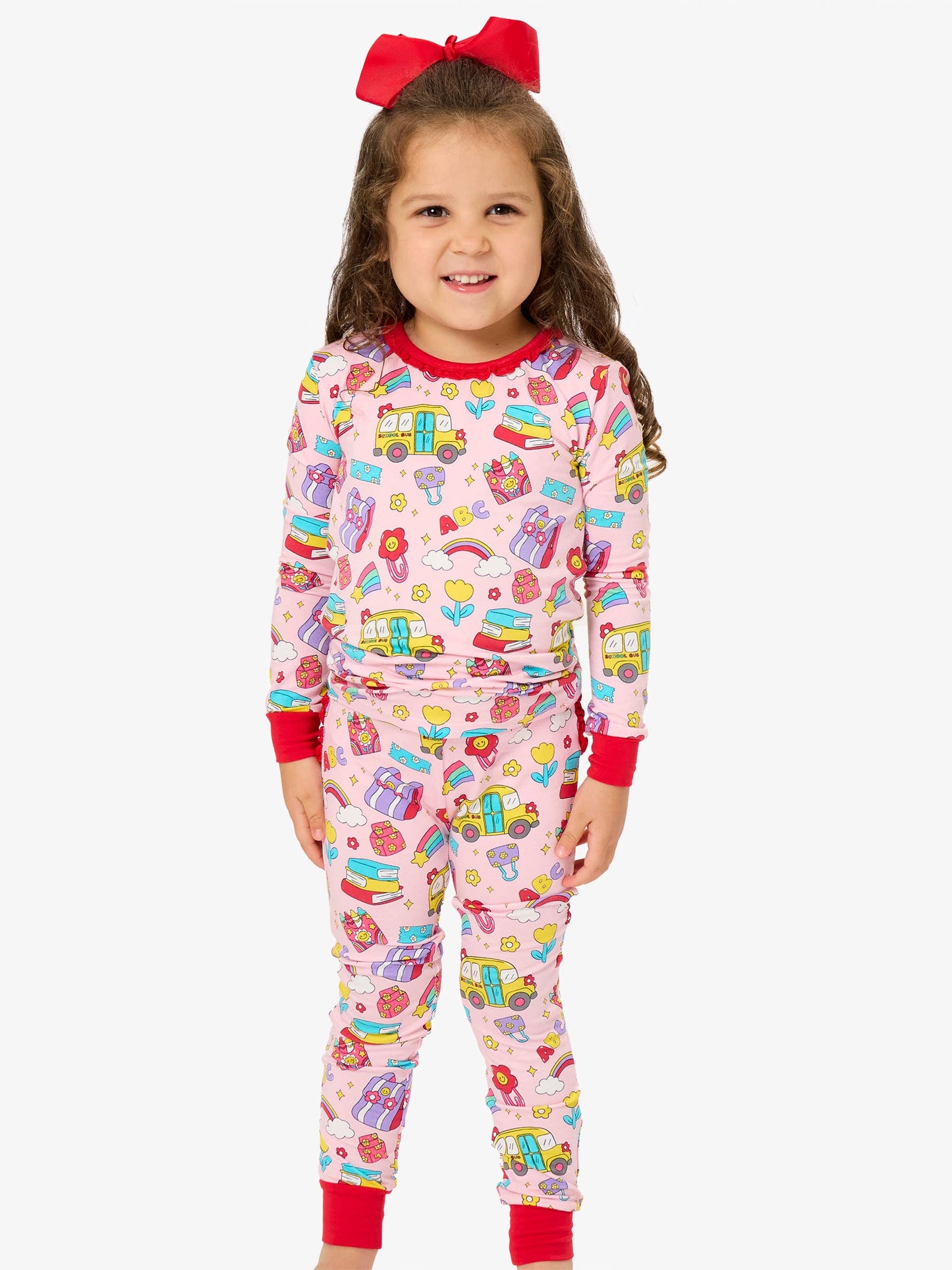 SoftSnooze™ Toddler Girls Bamboo Viscose Classroom Cutie Ruffle Long Sleeve Pajama Set with Signature Rear Ruffles