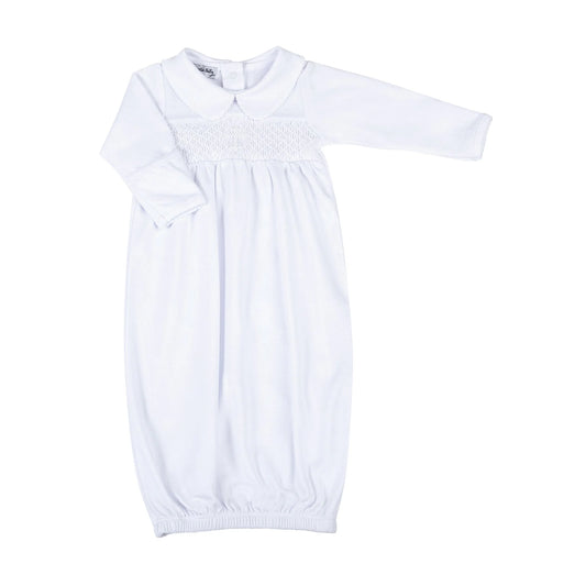 Blessed Smocked Long Sleeve Gown - White