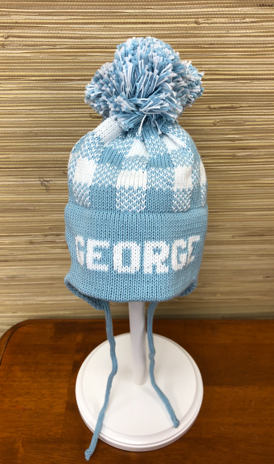 Plaid Earflap Hat- Light Blue/White