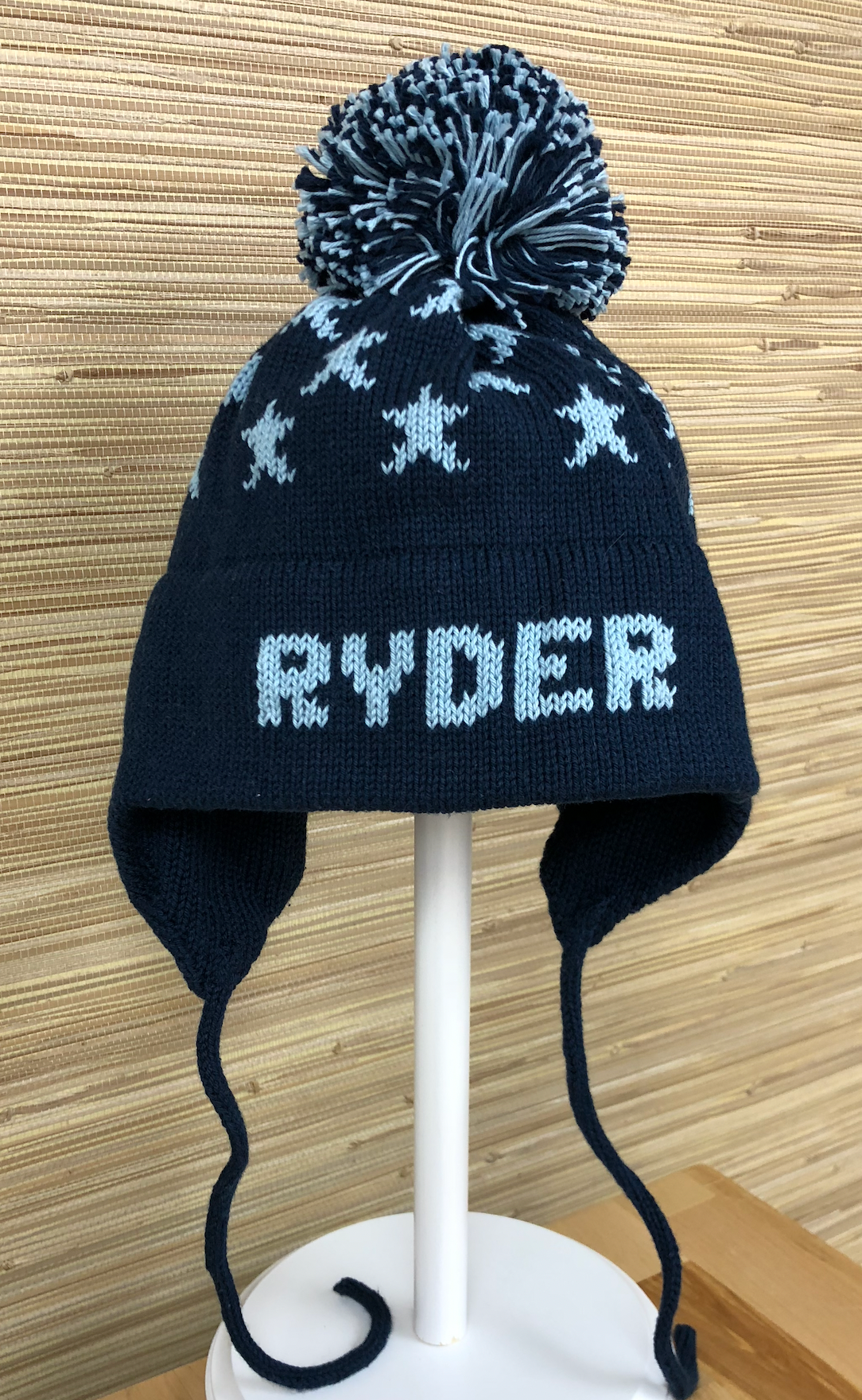 Star Earflap Hat- Navy/Light Blue
