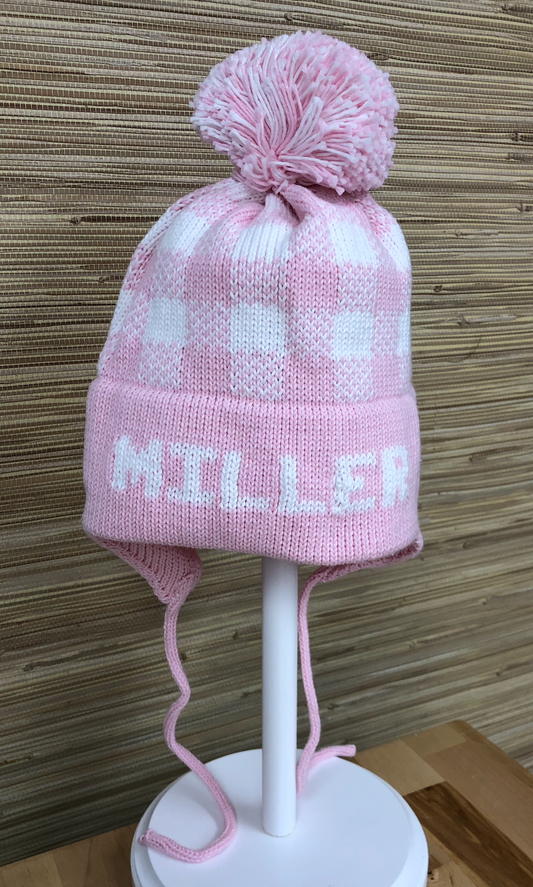 Plaid Earflap Hat- Light Pink/White