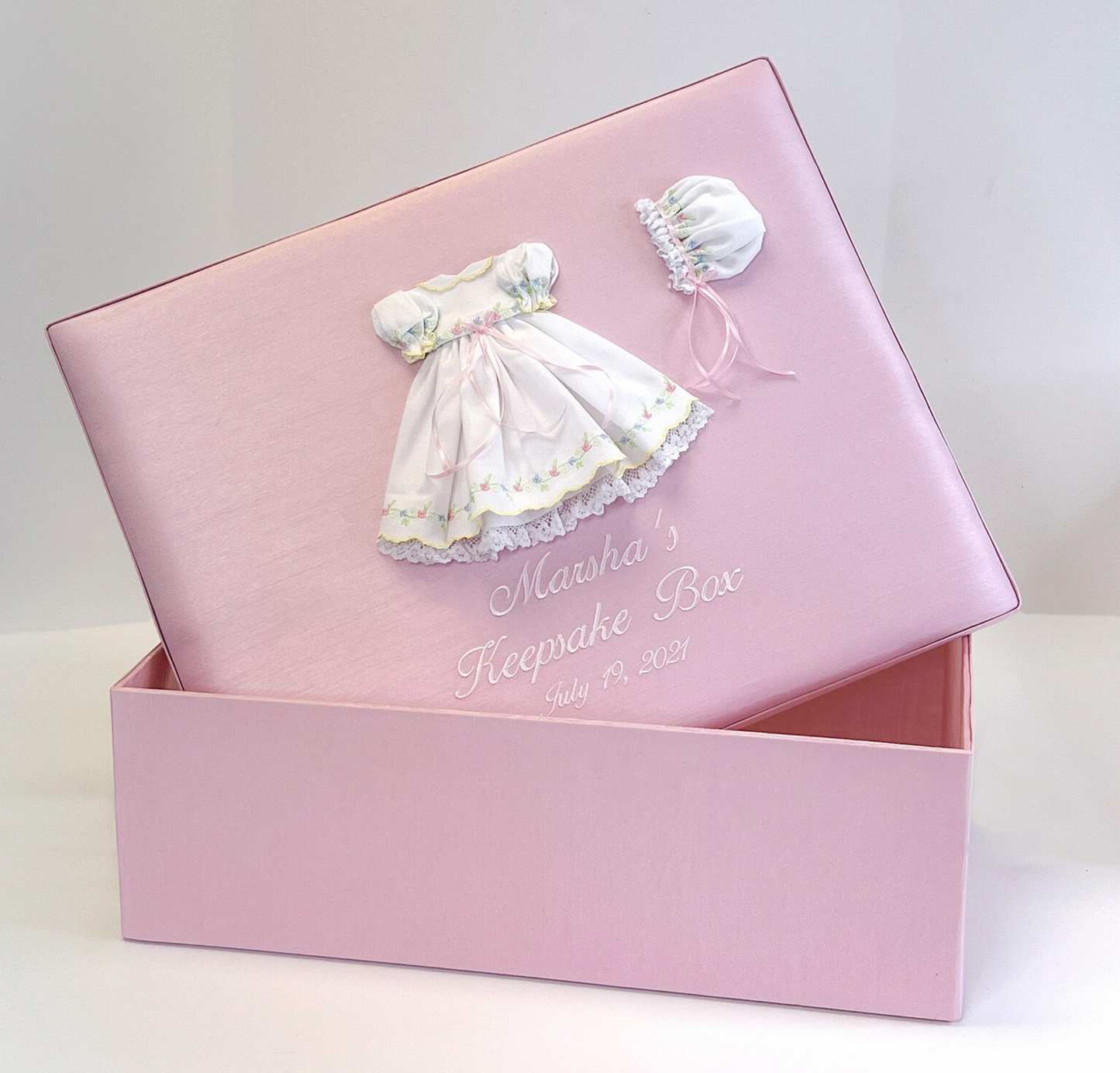 PRE ORDER - Large Keepsake Box in Shantung With Embroidered Swiss Batiste Dress and Flowers