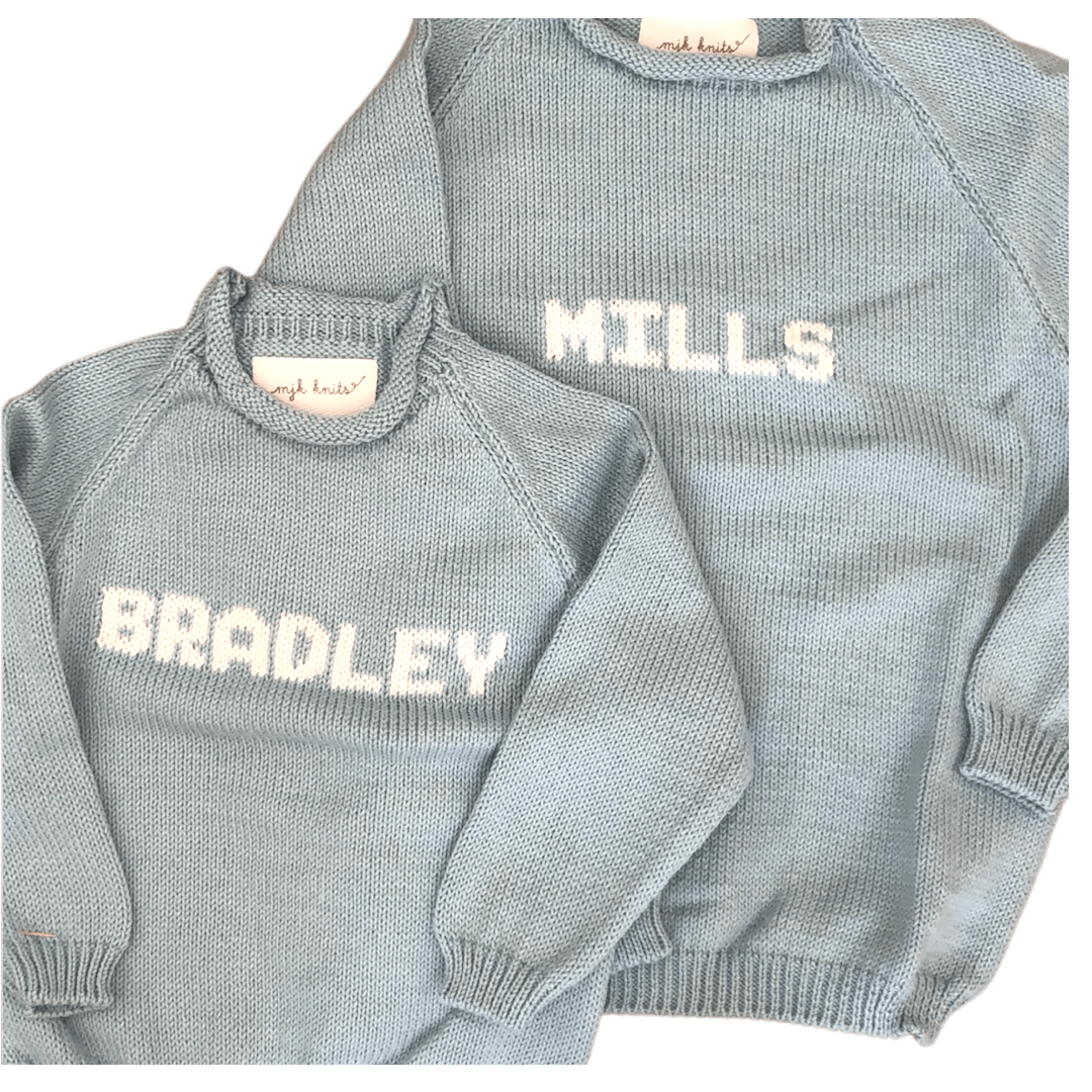 Roll Neck Name Sweater- Light Blue/White
