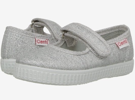 Canvas Mary Jane with Velcro- Silver Sparkle