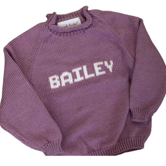 Roll Neck Name Sweater- Purple/White
