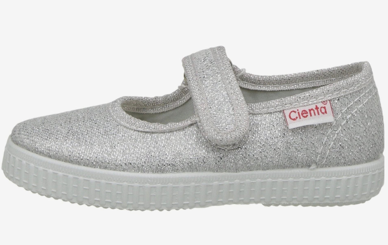 Canvas Mary Jane with Velcro- Silver Sparkle