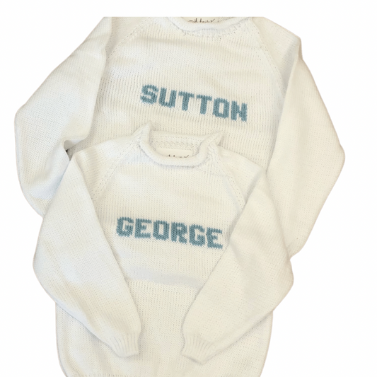Roll Neck Name Sweater- White/Light Blue