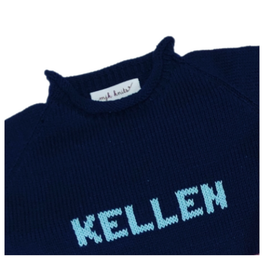Roll Neck Name Sweater- Navy/Denim