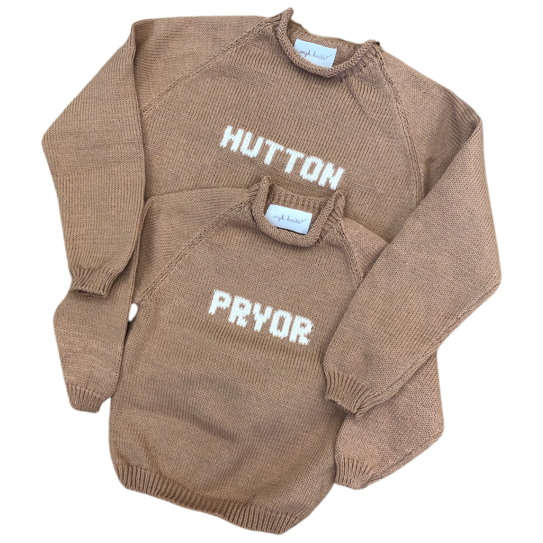 Roll Neck Name Sweater- Camel/White