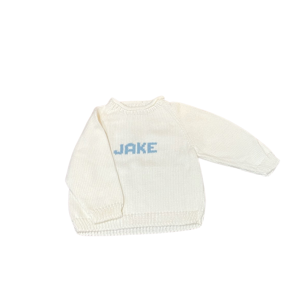 Roll Neck Name Sweater- White/Light Blue