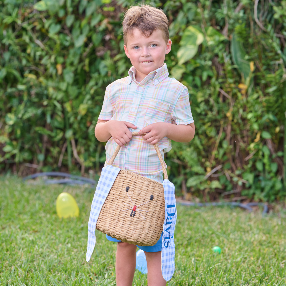 Gingham Kids Easter Basket - Easter Bunny Ears (Monogram Included)