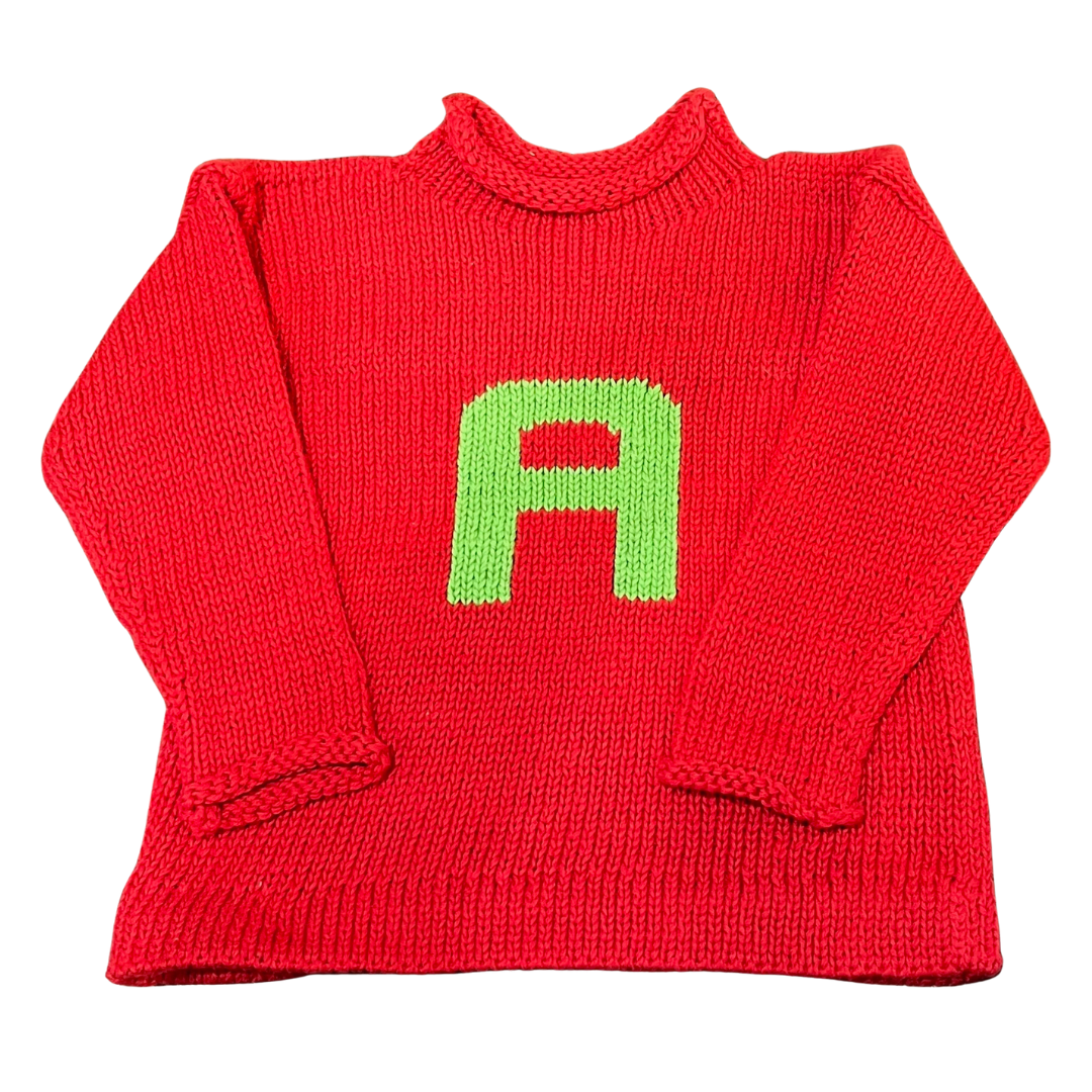 Roll Neck Letter Sweater- Red/Lime Green