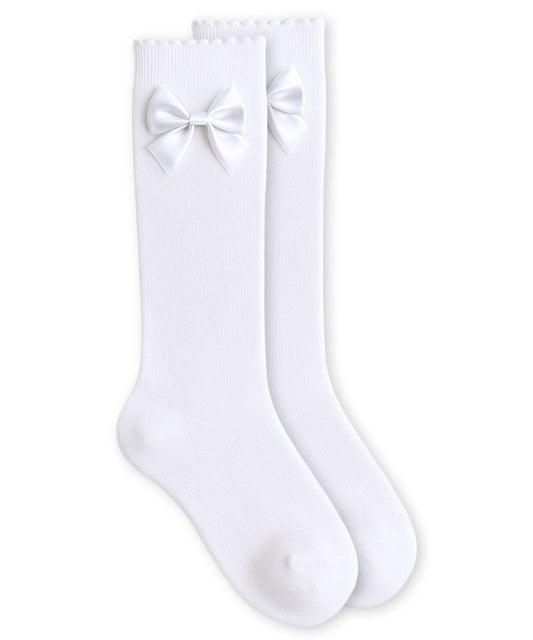 Satin Bow Scalloped Top Knee High Socks