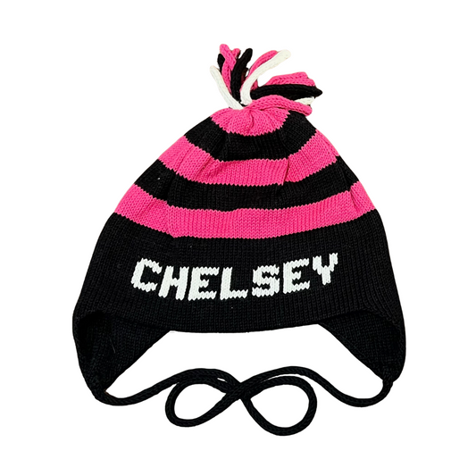 Stripe Earflap Hat- Navy/Fuchsia/White