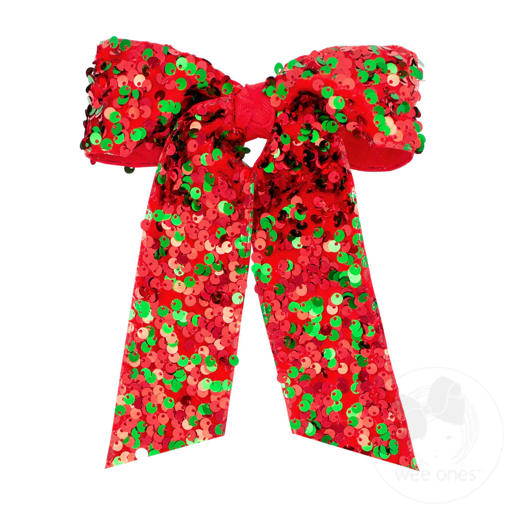 Red/Green Sequin Hair Bow w/ Long Tails