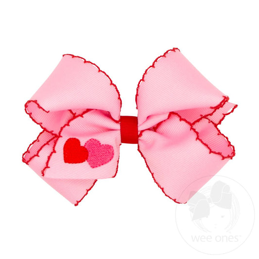 Valentine Heart Embroidered Grosgrain Hair Bow with Moonstitch Edge