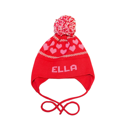 Heart Earflap Hat- Red/Bright Pink/White