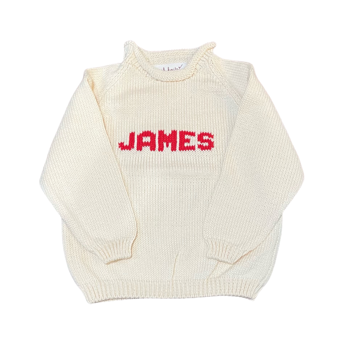 Roll Neck Name Sweater- Natural/Red