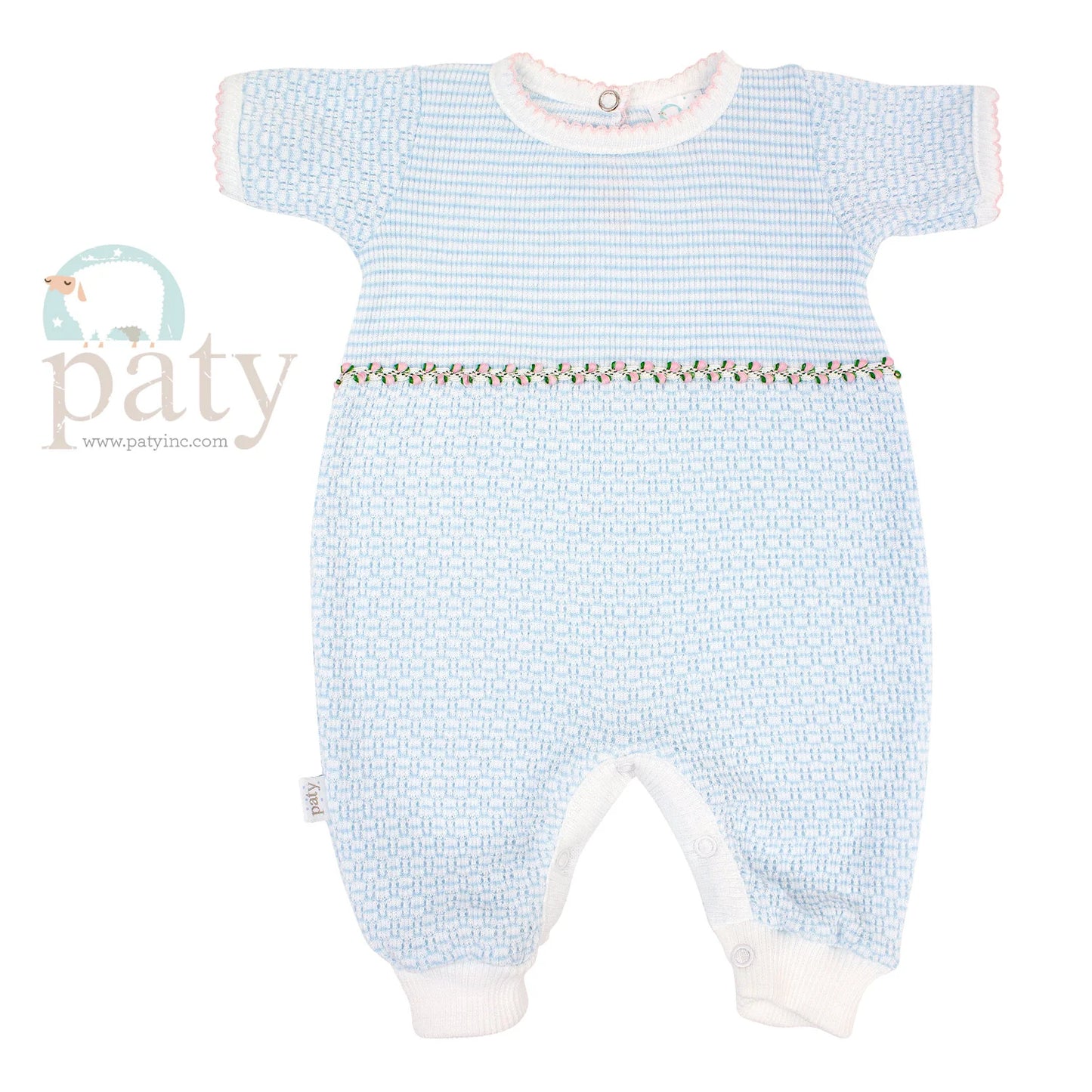 Blue Knit Romper with Floral Detail