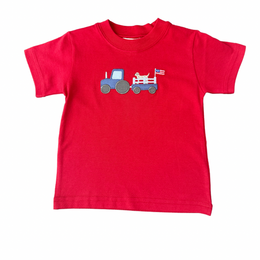Red SS Tee - Tractor with Dog in Wagon