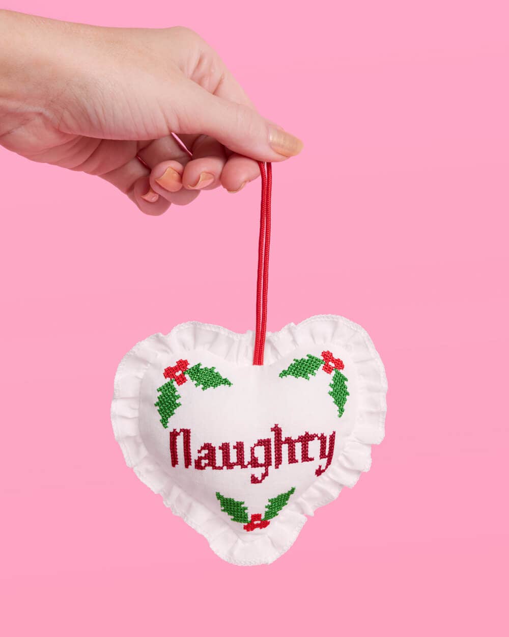 Naughty or Nice Christmas Ornament  Cross stitch 7x5" heart