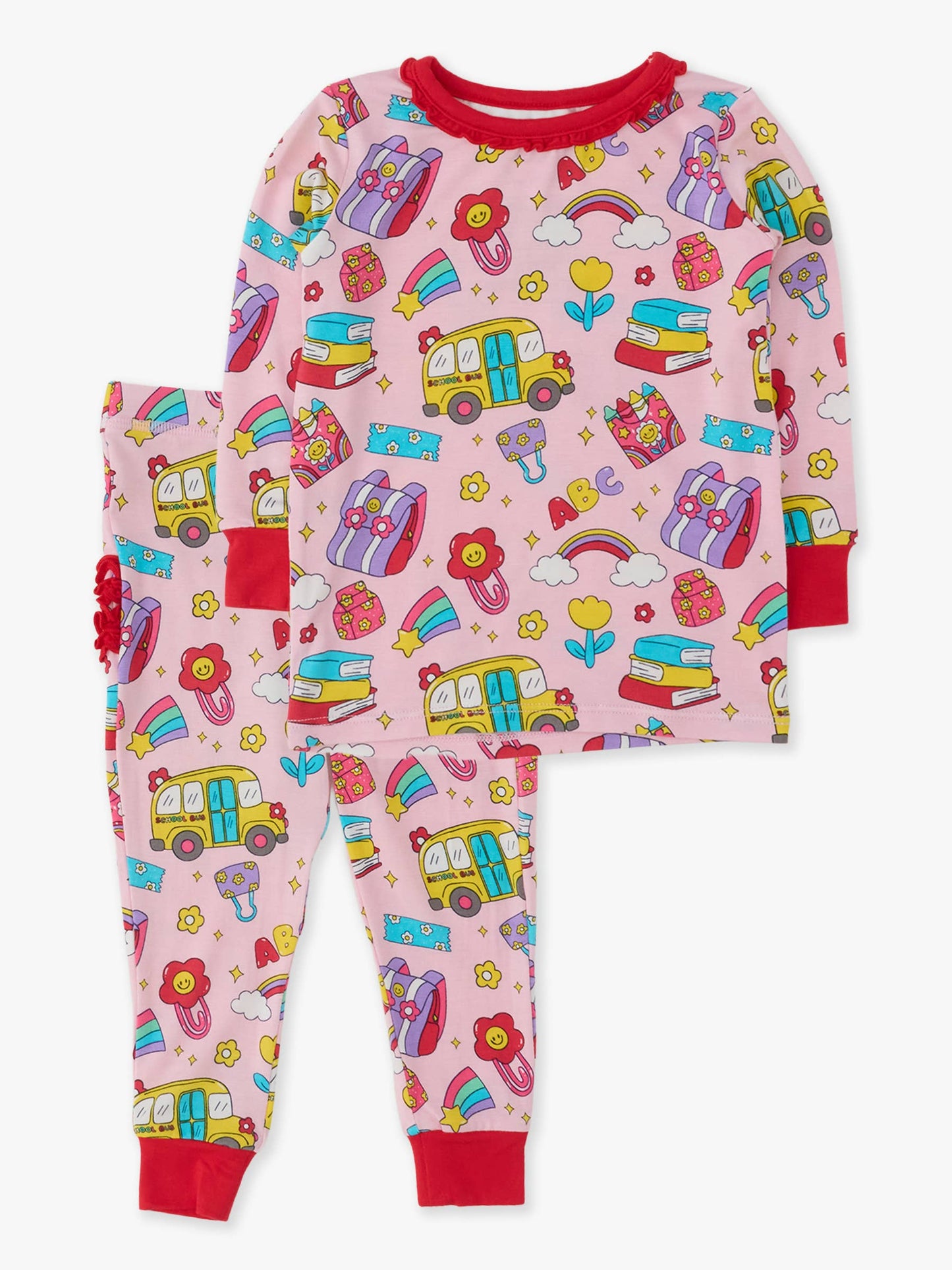 SoftSnooze™ Toddler Girls Bamboo Viscose Classroom Cutie Ruffle Long Sleeve Pajama Set with Signature Rear Ruffles