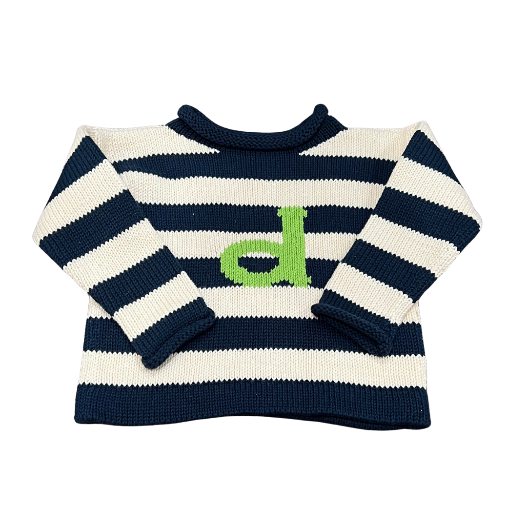 Roll Neck Letter Stripe Sweater- Natural/Navy/Lime Green