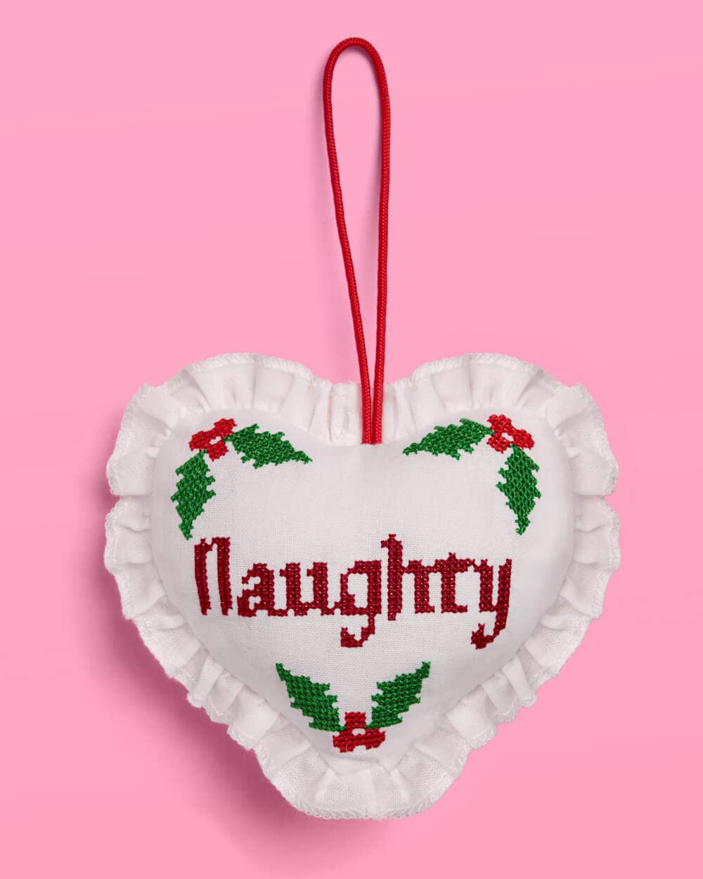 Naughty or Nice Christmas Ornament  Cross stitch 7x5" heart