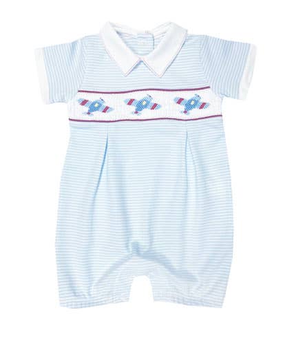 Striped "Airplanes" Smocked Pima Cotton Romper