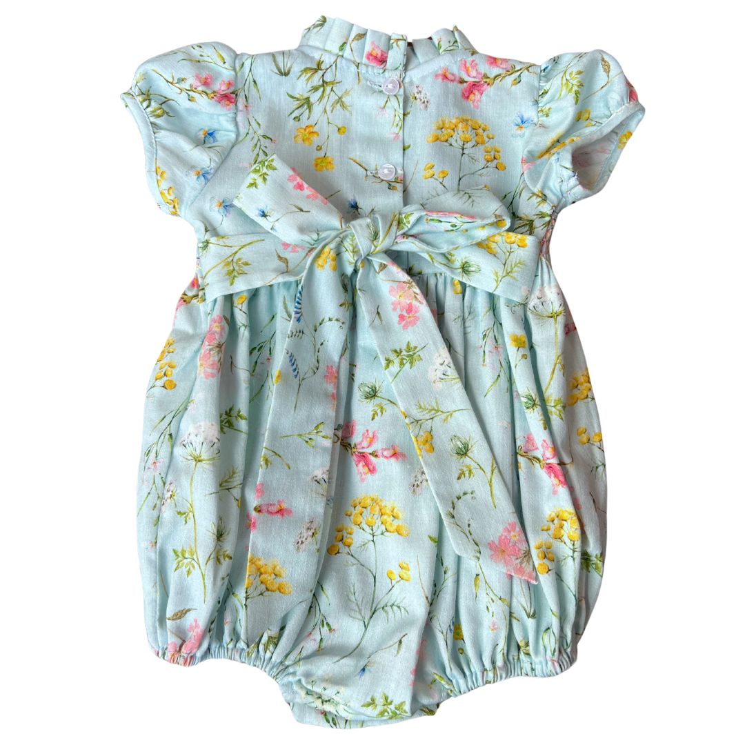 Floral Embroidered Smocked Bubble with Ruffle Collar